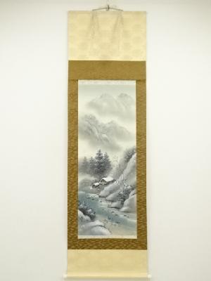 秀水筆　彩色冬景色　肉筆絹本掛軸（共箱）